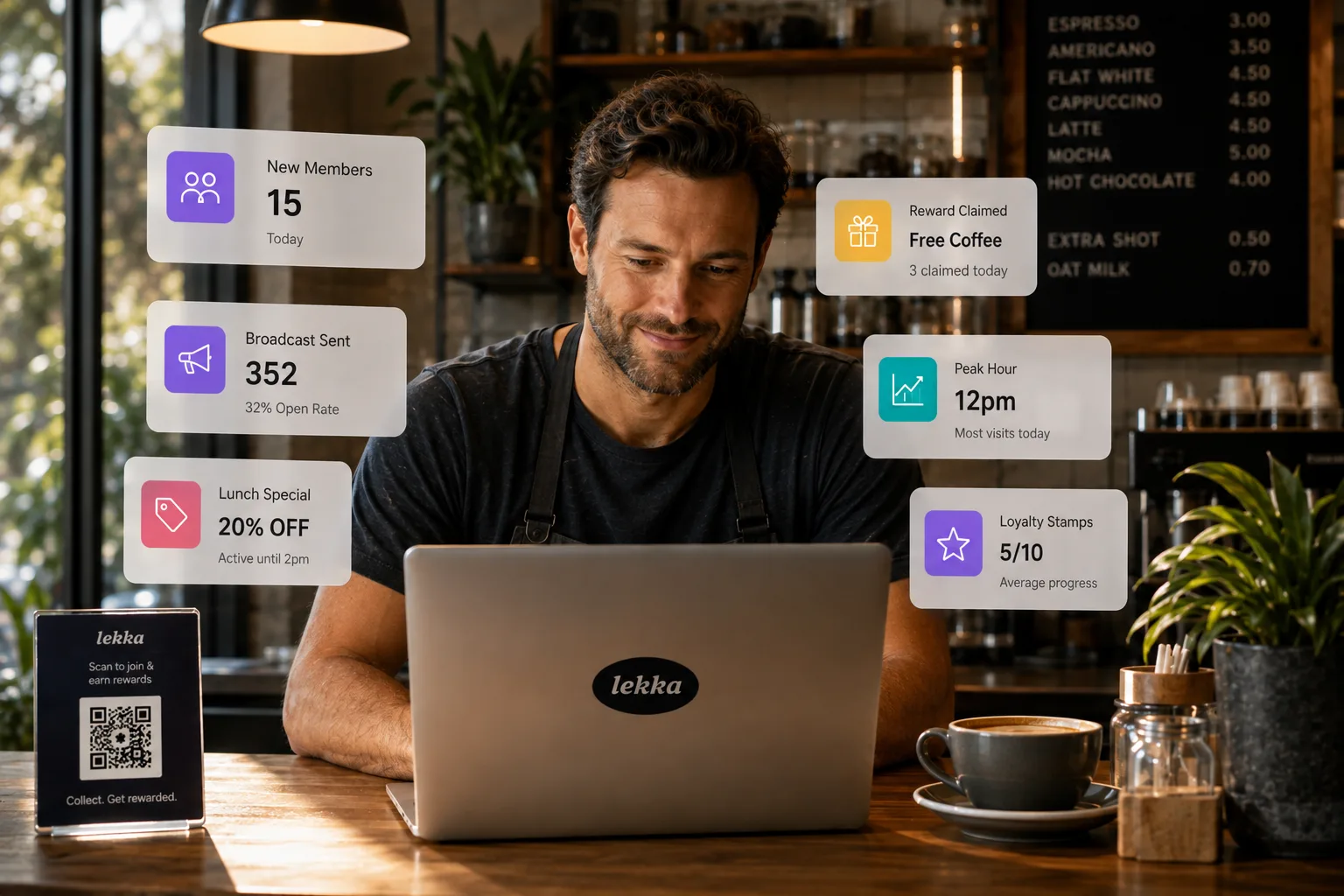 A cafe owner working at a laptop behind the counter, with Lekka cards floating around him showing new members, a broadcast sent, a reward claimed, peak hour and loyalty stamp progress, and a Lekka QR stand on the counter