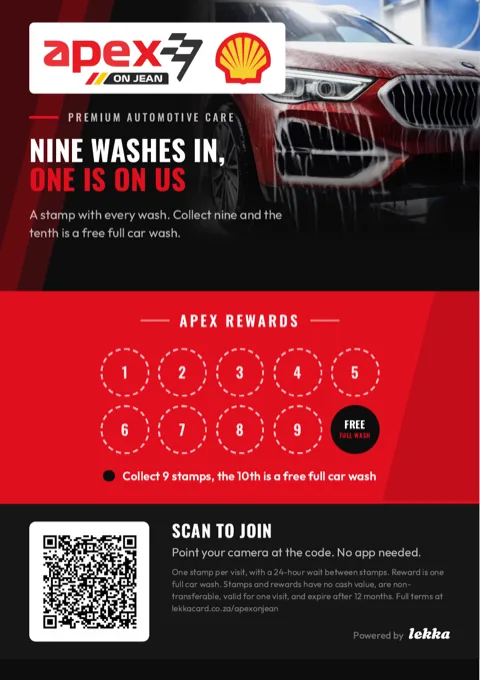 Counter card designed for Apex on Jean, car wash
