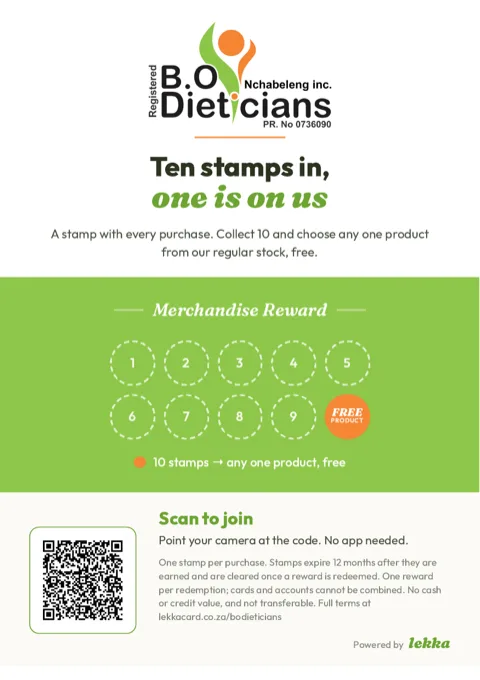 Counter card designed for B.O Dieticians, dietician practice