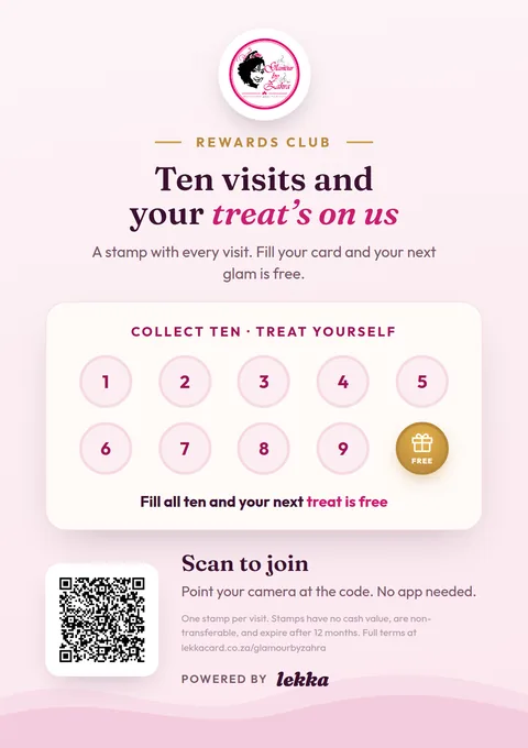Counter card designed for Glamour By Zahra, hair & beauty
