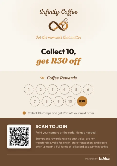 Counter card designed for Infinity Coffee, coffee roaster