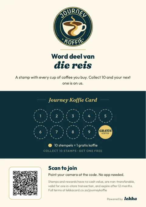 Counter card designed for Journey Koffie, coffee shop