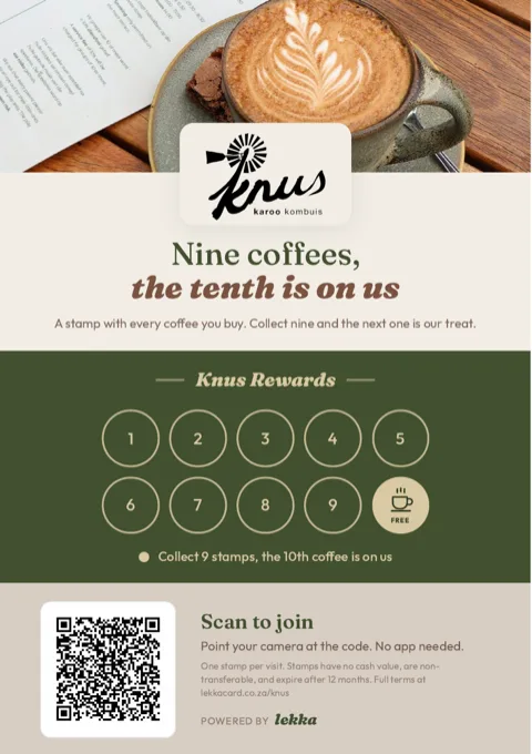 Counter card designed for Knus Kombuis, coffee shop