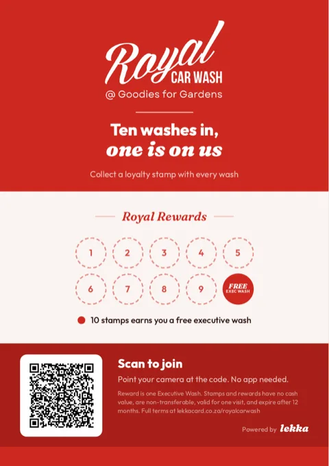Counter card designed for Royal Car Wash, car wash