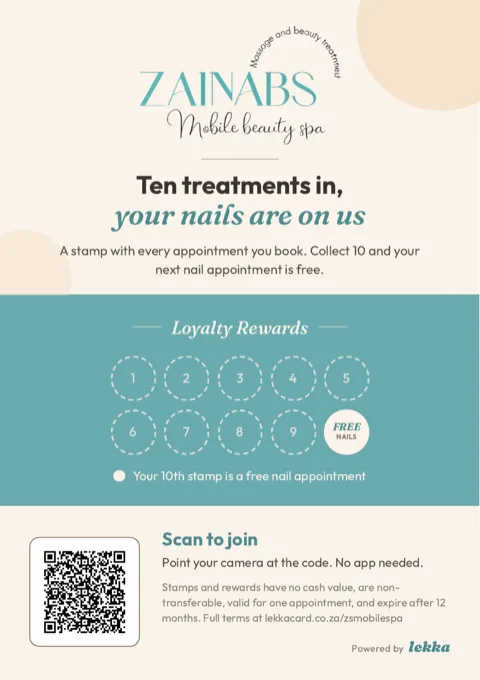 Counter card designed for Zainab's, beauty spa