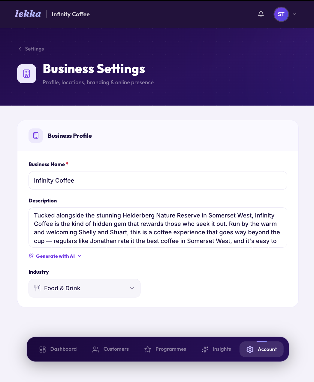 Lekka business settings — profile, locations, branding, and online presence
