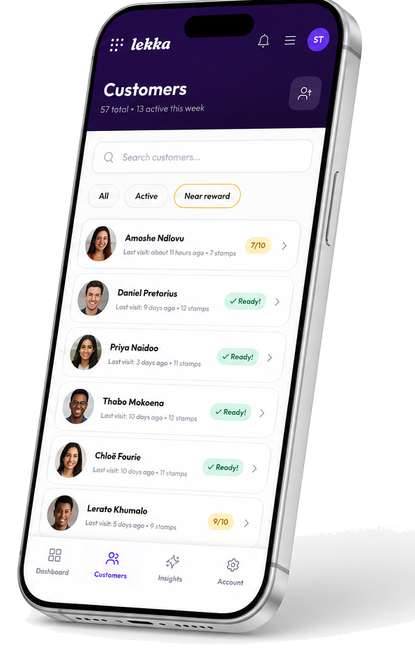 The Lekka vendor Customers screen shown on a phone