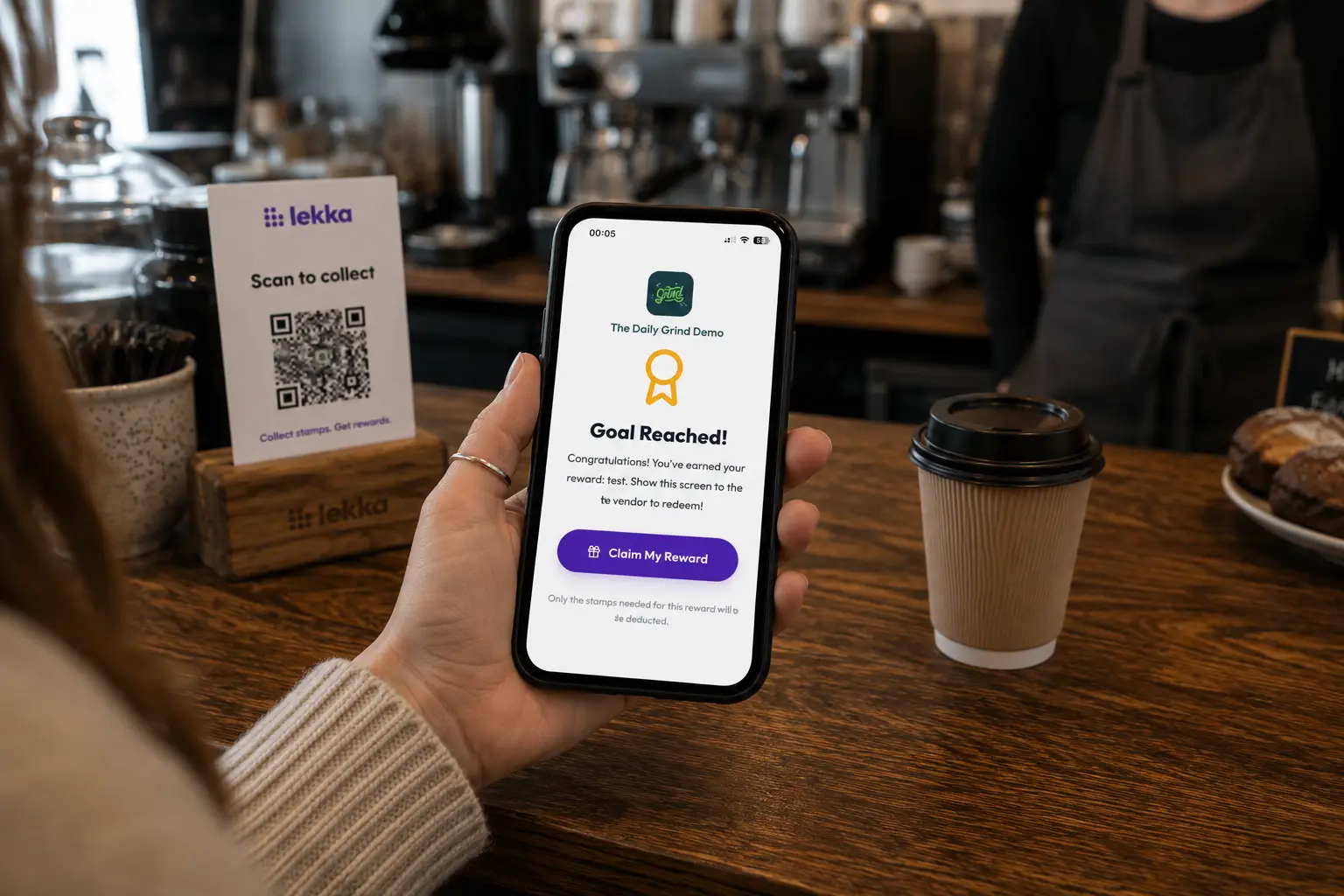 A loyalty stamp collected on a phone in the Lekka app